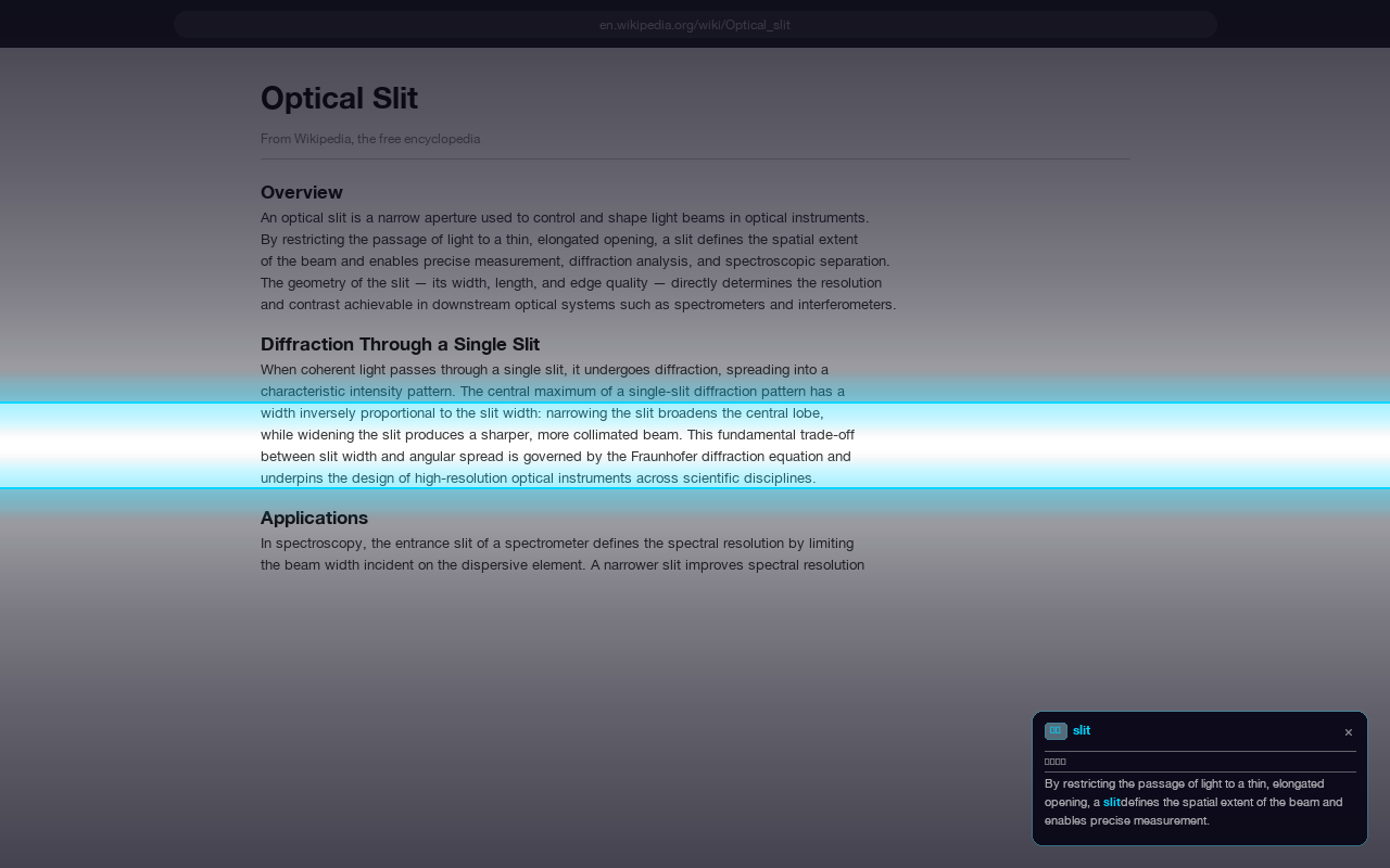 FocusRuler active on a Wikipedia article — optical slit ruler with Text Echo panel